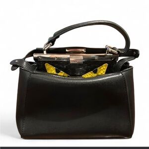 Black Leather Top-Handle Bag with eyes detailing